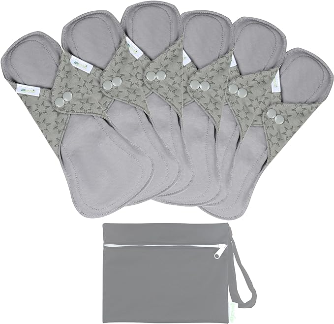 wegreeco 6 Pcs Reusable Menstrual Pads, Ultra Absorbent Cloth Pads for Heavy Flow, Sanitary for Teens, Women, Nonslip, Grey Inner, Grey Outer, Small