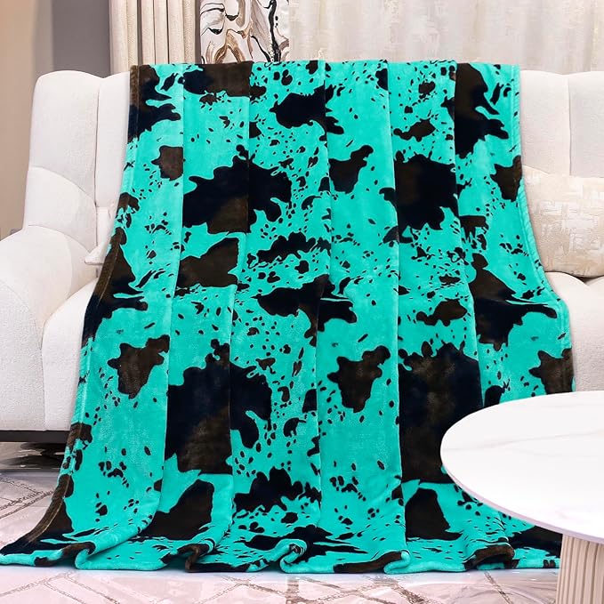 Teal Fleece Blanket Twin Size - Plush Soft Warm Turquoise Cow Print Throw for Bed, Couch, Sofa, Room Decor & Gifts
