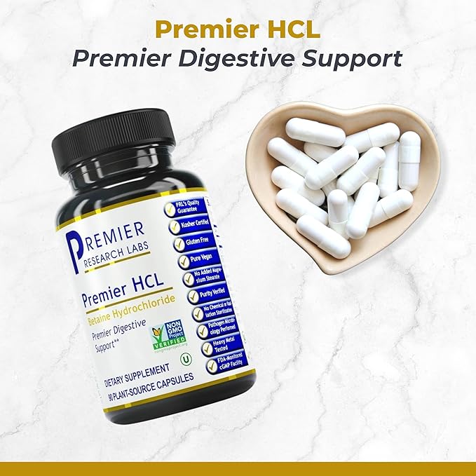 Premier Research Labs Premier HCL - Betaine HCL, Betaine Hydrochloride Supplement for Optimal Digestive Function, Nutrient Absorption, Betaine-HCL for Low Stomach Acid- 90 Vegetarian Capsules
