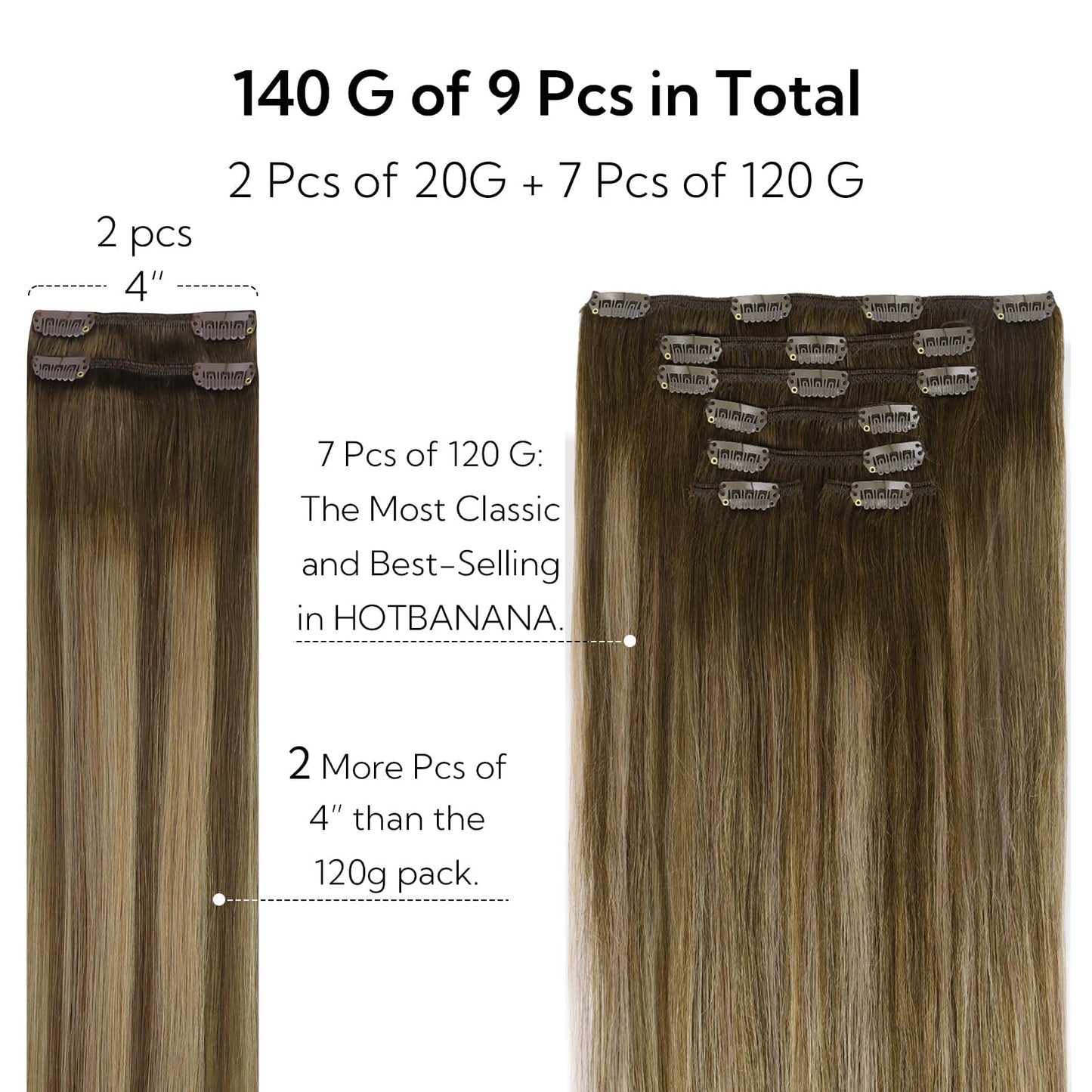 HOTBANANA Clip in Hair Extensions Real Human Hair, 135g 9pcs 16 inch Balayage Chocolate Brown to Caramel Blonde Straight Remy Cl