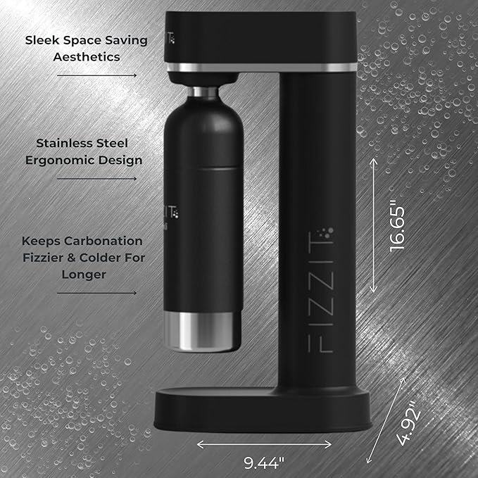 Black Stainless Steel Sparkling Water Maker Soda Machine Includes 1L Stainless Steel Black Bottle and 1 C02 Cylinder