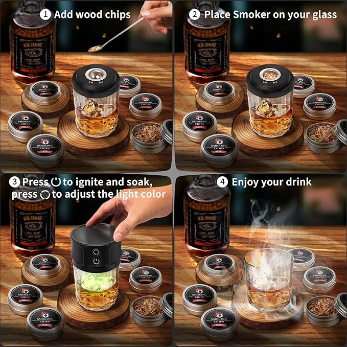 Electric Whiskey Smoker Kit with Lights: Cocktail Infuser with 6 Wood Chips for Whiskey Bourbon Lovers - Old Fashioned Drink Smoker Kits for Drink Mixing Home Bar Party - Christmas Gifts for Dad Men