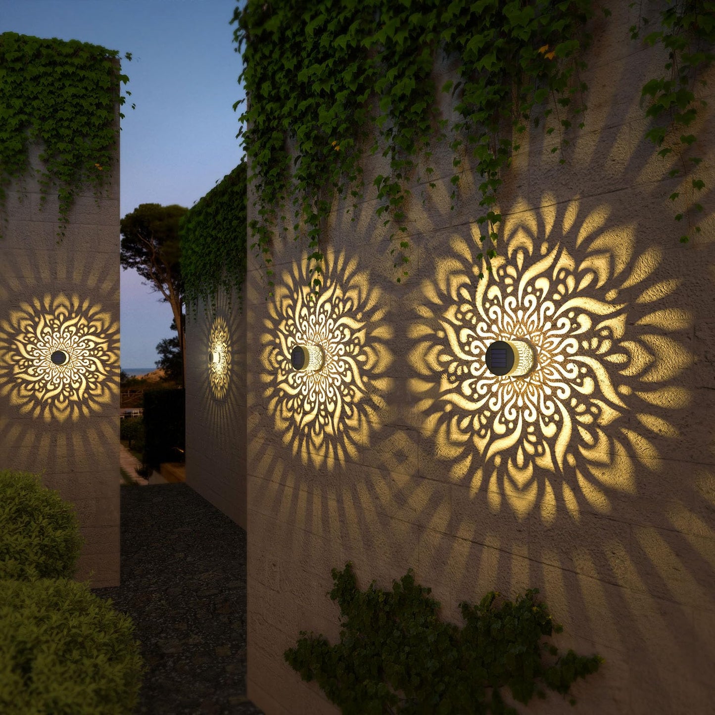 gardencave Solar Fence Lights - 4 Pack Metal Waterproof Outdoor Wall Deck Step Lights - Mandala Theme