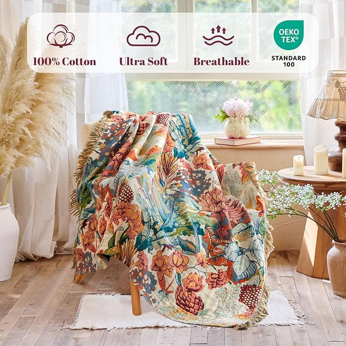 MSGKV Boho Throw Blanket for Couch 100% Cotton Floral Blanket 50"x60" Sofa Bed Chair Blanket All Seasons Farmhouse Muslin Breathable Lightweight Blankets Home Decor