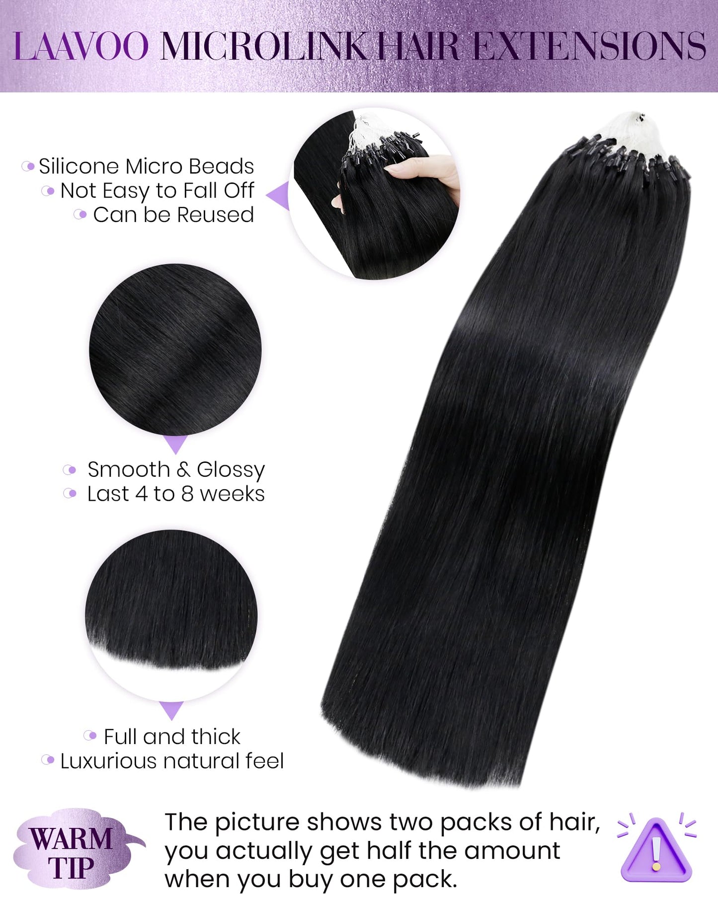 LaaVoo Micro Bead Hair Extensions Real Human Hair 24 Inch Microlink Hair Extensions Human Hair Jet Black Micro Ring Hair Extensi