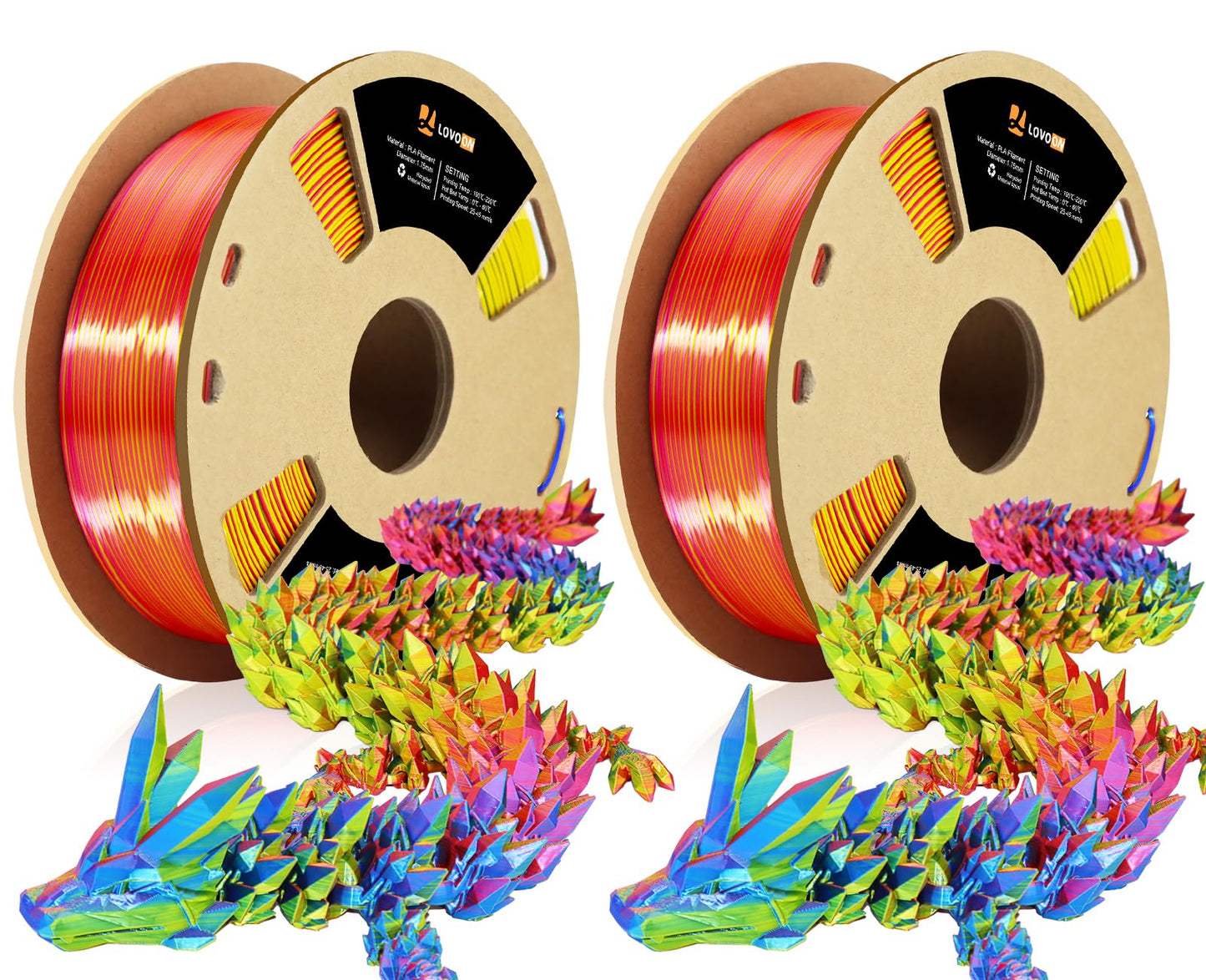 LOVOON Silk PLA 3D Printing Filament Bundle 2KG, PLA Filament 1.75mm Shiny Tricolor Change by Angle 3D Printer Filament Pack, Ge