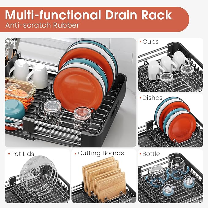 TOOLF Dish Drying Rack for Kitchen Counter, Extendable Dish Rack with Drainboard, Expandable Dish Drainer, Collapsible Dish Strainer with Cutlery Holder, Foldable Countertop Plate Rack, Dark Black