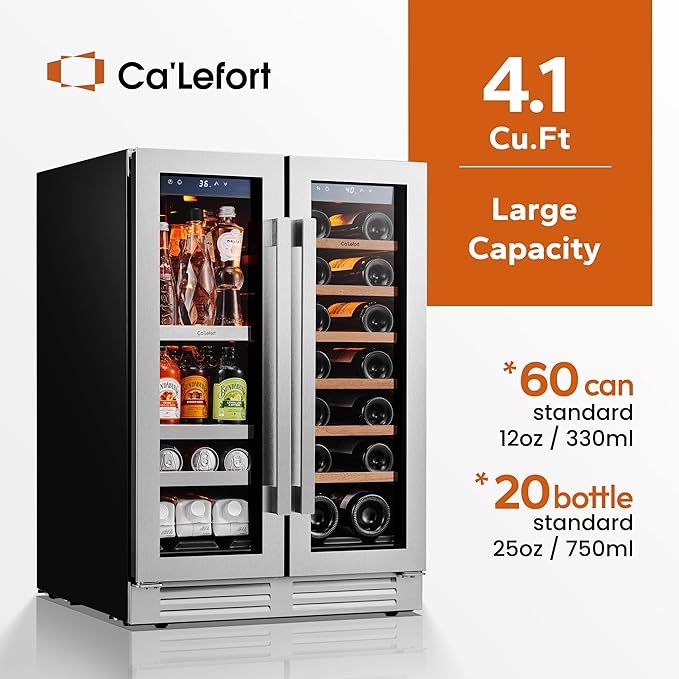 Ca'Lefort 24 Inch Wine and Beverage Refrigerator, 60 Cans 20 Bottles Dual Zone Cooler with Glass Door, 3 LED Built-in Compressor Fridge with Adjustable Shelves for Home Office Bar (4.1 cu.ft)
