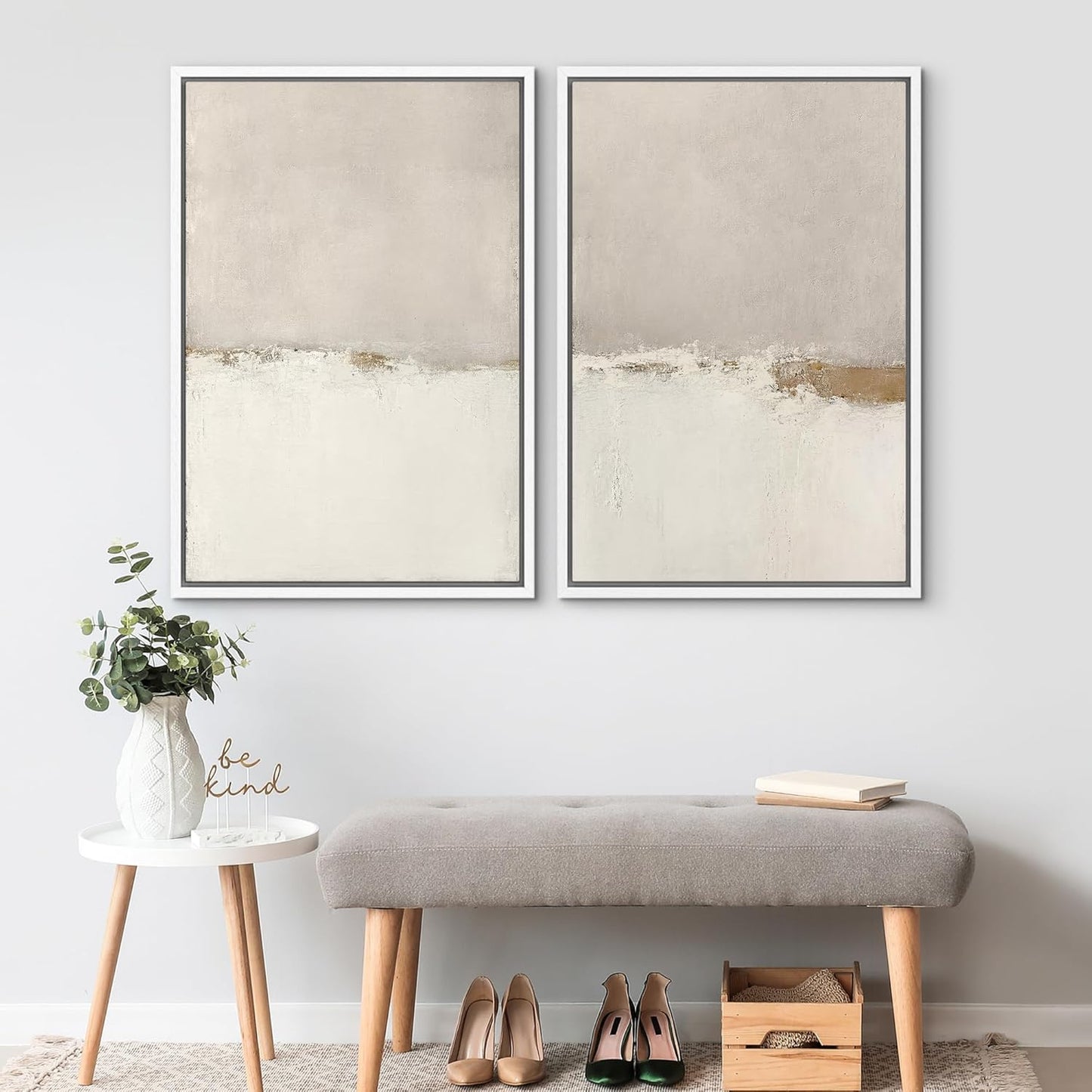 SIGNWIN Framed Canvas Print Wall Art Beige Gray Paint Strokes Abstract Grunge Landscape Prints Modern Art Minimalist Neutral Decor for Living Room, Bedroom, Office - 16"x24"x2 White