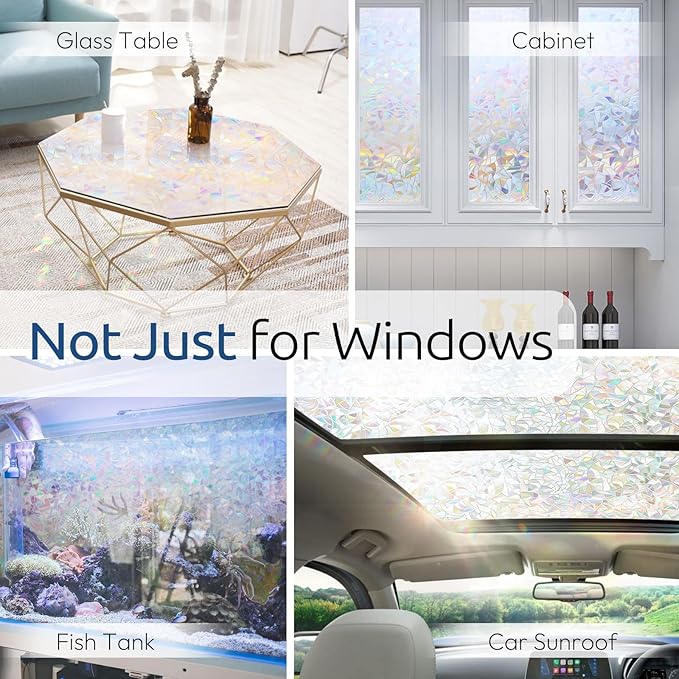rabbitgoo Window Privacy Film Rainbow Film Decorative Window Sticker, 3D Static Stained Glass Cling Tint for Home Heat Control Non-Adhesive, 35.4 x 157.4 inches
