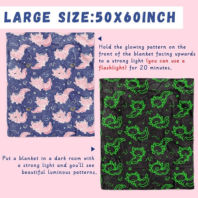 Glow in The Dark Blanket Axolotl Pink Gifts Toys Decor for Kids Girls Cute Cozy Soft Glowing Salamander Twin Size Blue Throw Blanket for Bedroom Couch