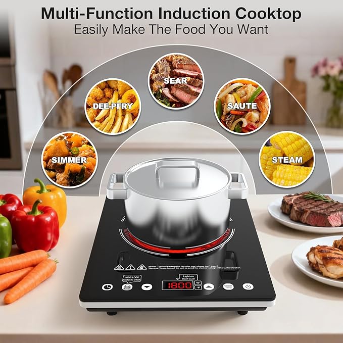 Single Burner Electric Cooktop, 110V-120V Electric Stove Infrared Hot Plate with Touch Control, Child Safety Lock, Timer, 9 Power Level, 1800W Plug in Induction Cooktop Burner for Cooking