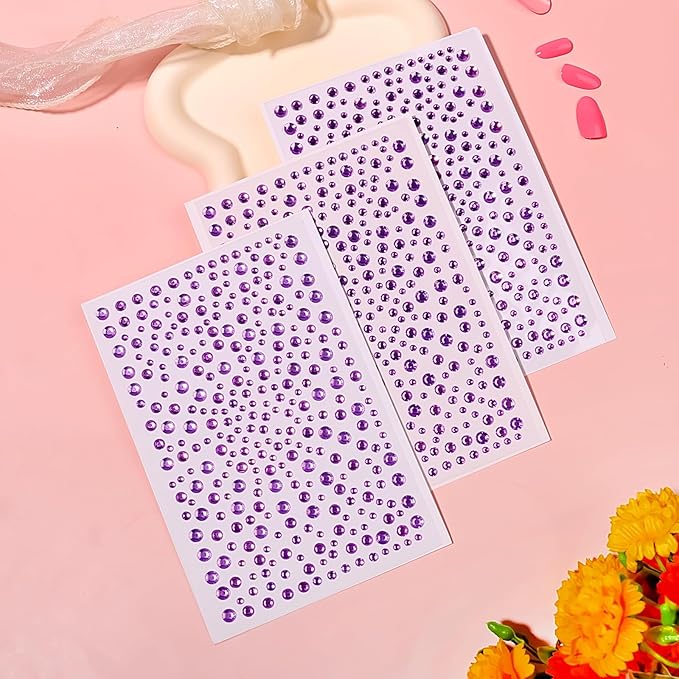 3/4/5/6MM Face Gems 975PCS Temporary Tattoo Sticker Face Gems Rhinestones Stickers Hair Nails Craft DIY Decor Gem Stickers Jewels Crystals Pearls Self Adhesive for Makeup Body (lightpurple)