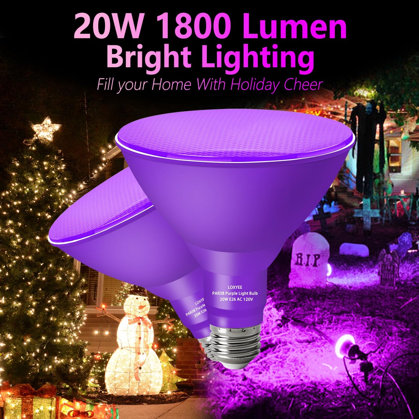 LOXYEE PAR38 Flood Light Bulb, Dimmable, E26 Base, 20W Replace to 200W, 4 Pack, Purple