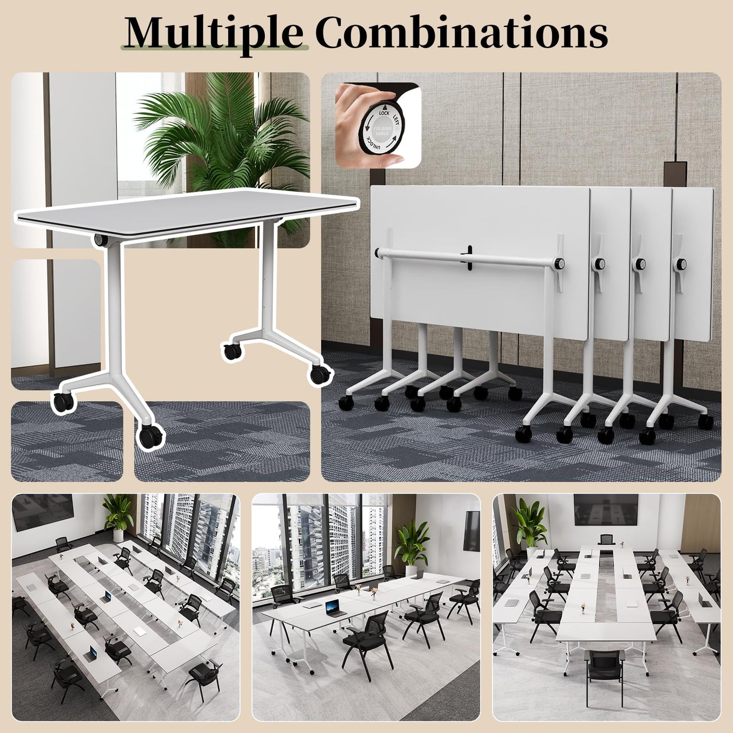 Modular Folding Conference Table with Wheels,6 Pack Mobile Conference Room Tables,Filp Top Rolling Meeting Training Tables for Office,Classroom,Library,Seminar,Boardroom,school(6pack,White,61in)