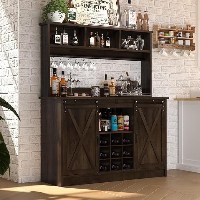 4ever2buy Farmhouse Coffee Bar Cabinet with Storage, 47” Wine Bar with Sliding Barn Doors and 3 Storage Hutch, Hutch Cabinet with 6 Hooks & 9 Wine Racks for Dining Room, Kitchen, Dark Oak