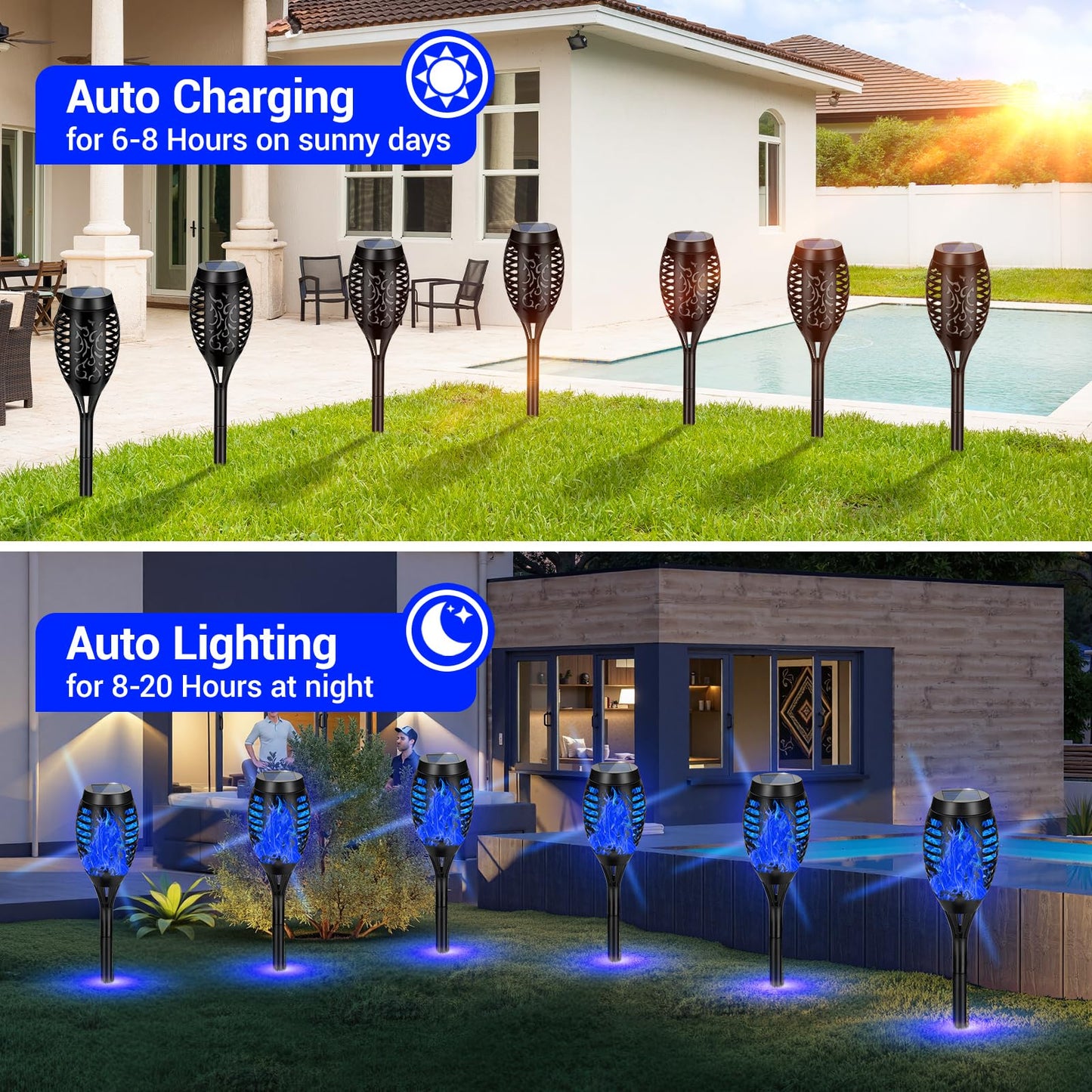 AOUNQ Solar Torch Lights, 10 Pack Blue Flickering Flame, Waterproof Outdoor Garden Decor, Model c34aaa17-3634-44fd-891a-3ebb0e47410