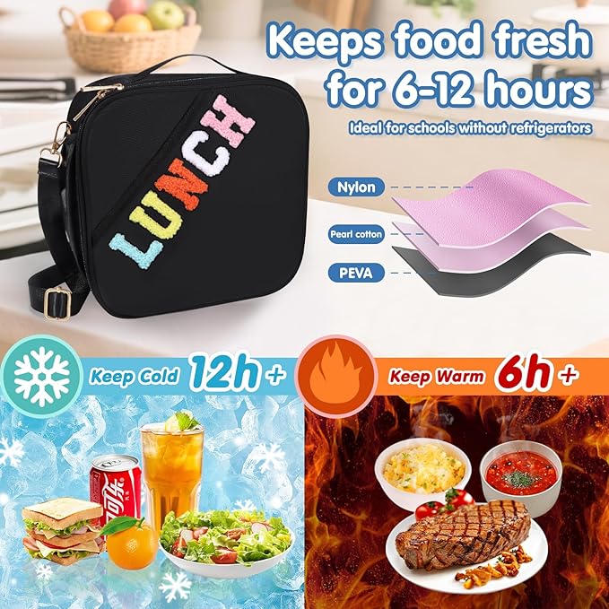 Lunch Bag Kids,Insulated Lunch Bag With Adjustable Shoulder Strap,Reusable Lunch Bag for Kids, Girls,Boys, lunch Bag Women,Preppy Lunch Box for School,Travel, Picnic (black)