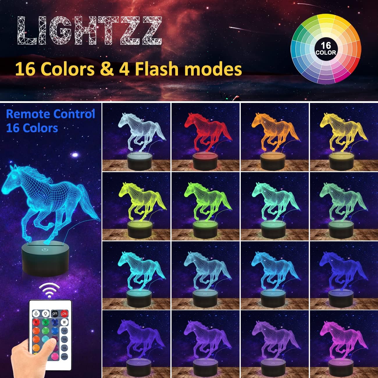 Lightzz Horse Night Light Lamp with Remote Control, 16 Colors, Acrylic, Model FS-XMX001-9999, Perfect for Kids Room Holiday Gifts