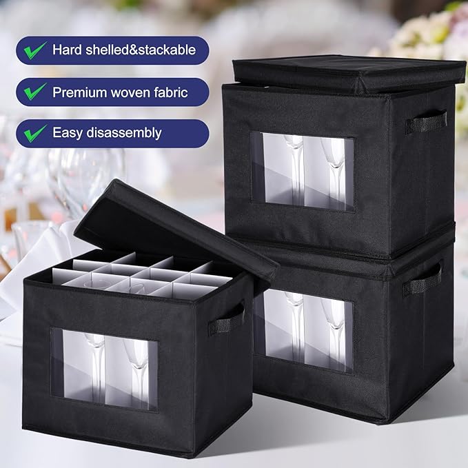 Uiifan 4 Pcs Champagne Flute Storage Box with Dividers 12 Compartment Stemware Storage Cases China Container Box with Lid, Handles, PVC Window for Moving, Black