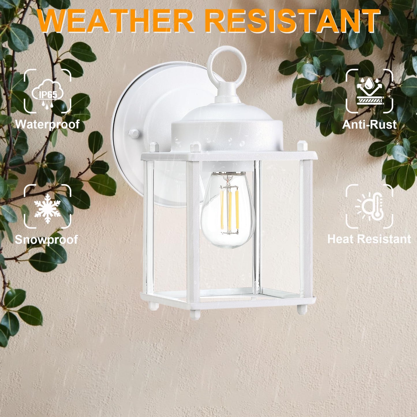 Gruenlich Outdoor Wall Sconce  Exterior Wall Lighting Fixtures With Clear Glass  Front Porch Lighting  Anti-Rust Outside Lights For Patio  Doorway  White  2 Pack