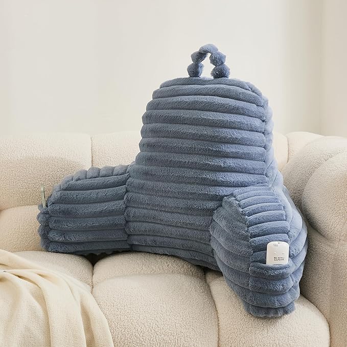 WERDIM Reading Pillow for Sitting in Bed, Faux Fur Back Pillow for Bed Rest, Bed Chair Pillow with Arms and Pockets(Large, Dusty Blue)