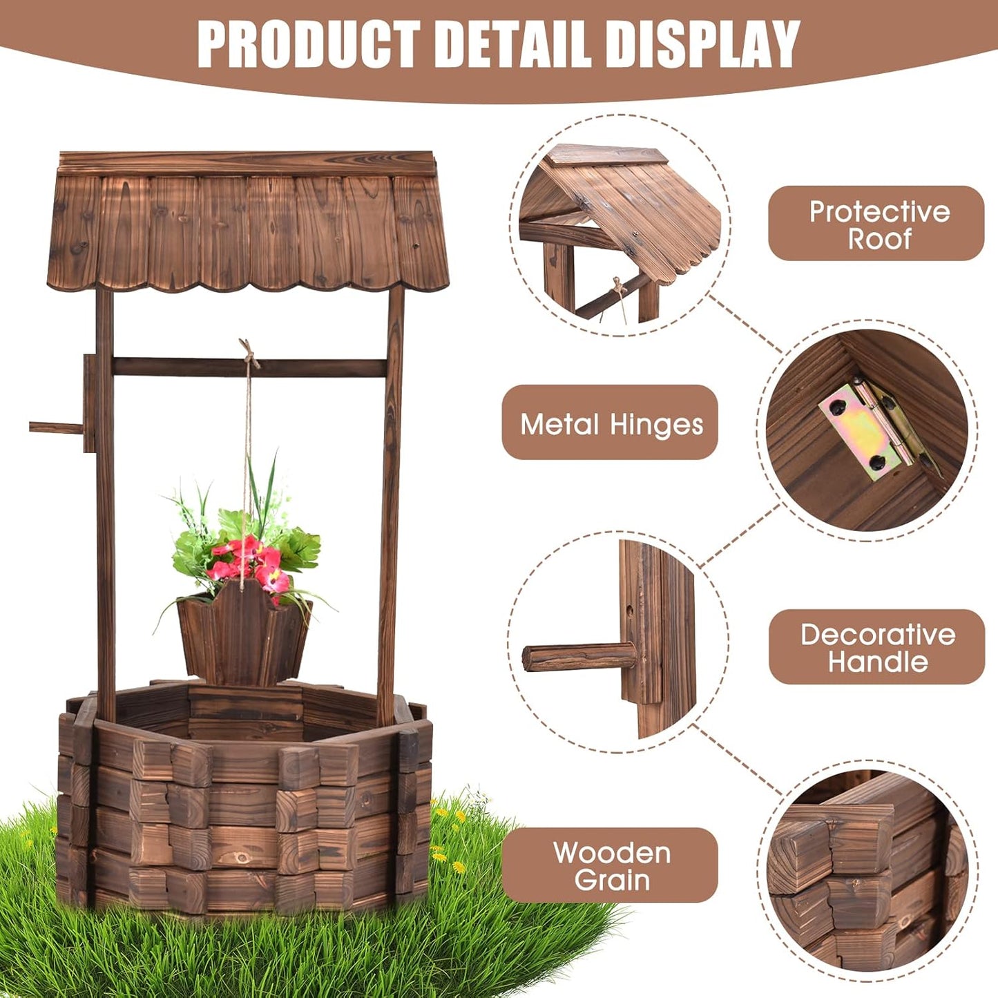 Tangkula Outdoor Wishing Well Planter, Old-Fashioned Wood Wishing Wells for Yard, Rustic Farmhouse Decoration for Garden, Backyard, 46 Inch Tall (22" x 22" x 45")