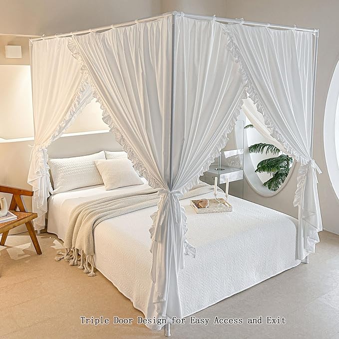 AIKASY Princess Canopy Bed Curtains with Top Ties - Windproof & Lightproof for Girls' Adult Bedroom Decor | Bed Canopy Drapes (Full,White)