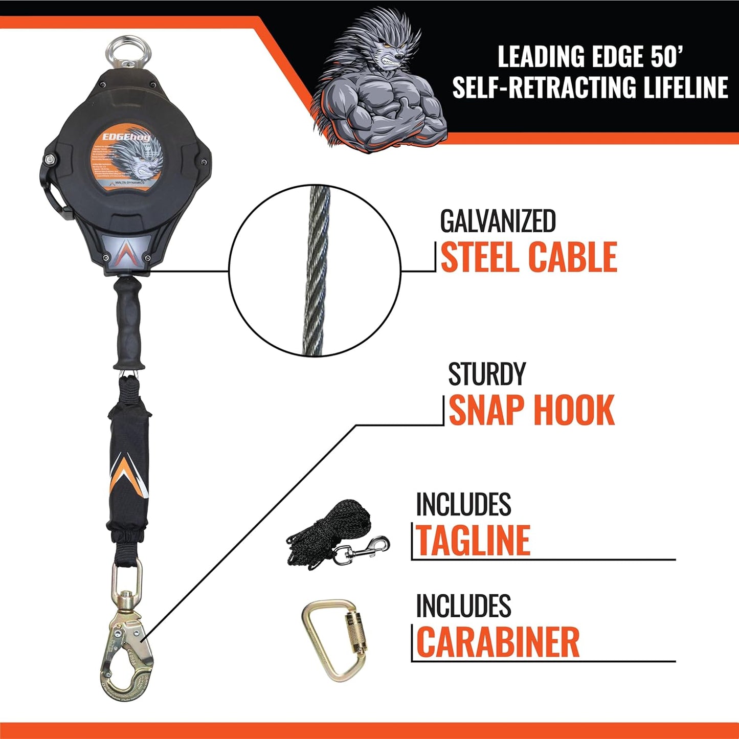 Malta Dynamics Edgehog Self Retracting Lifeline – 50’ Leading Edge Fall Protection Yoyo Cable, Class 2 Retractable Lanyard with Quick-Action Brake, OSHA and ANSI Compliant Safety Lanyard