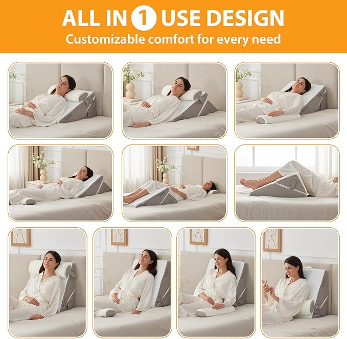 3PCS Orthopedic Bed Wedge Pillow Set for Sleeping, Wedge Pillow for Back Pain Relief, 10-in-1 Adjustable Bed Wedge Pillow Post Surgery, Triangle Pillow for Acid Reflux Snoring Gerd, White/Grey