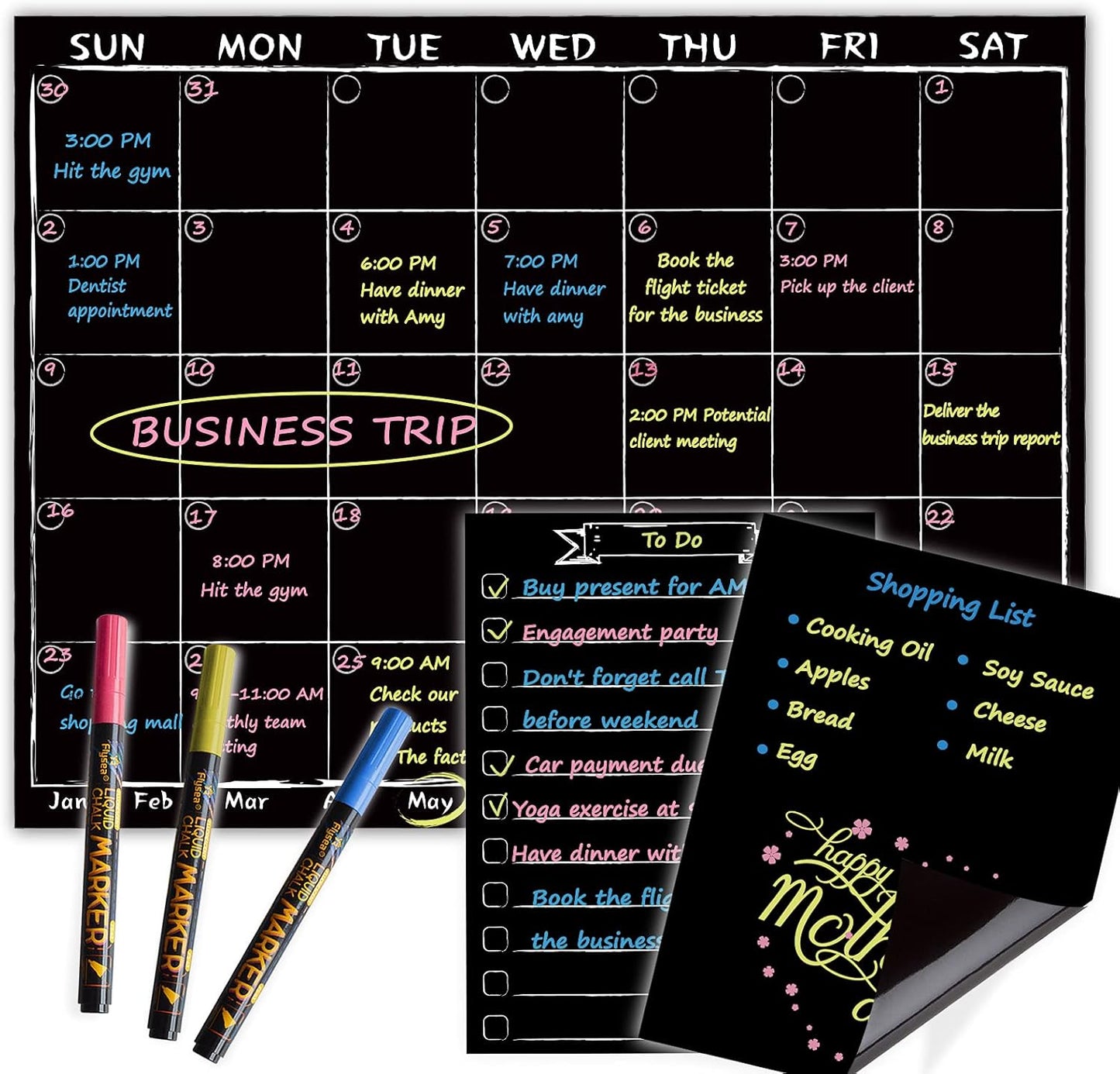 Magnetic Chalkboard Monthly Calendar with neon Bright Liquid Chalk Markers – Black Refrigerator Monthly Planning Board w/Bonus - Grocery List and Notepad for Kitchen Refrigerator