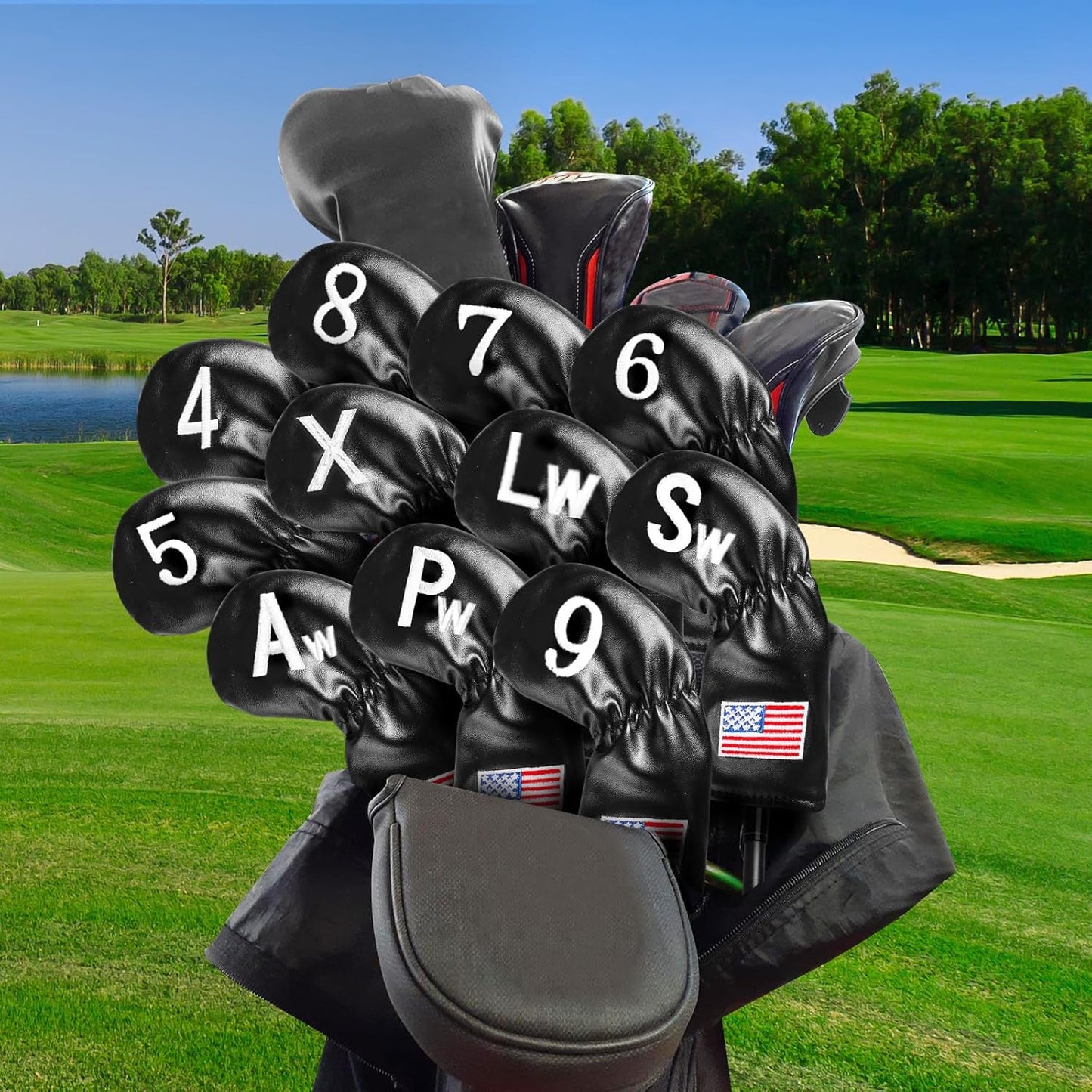 Golf Iron Covers Set US Flag Leather for Irons Value 11 Pack, Long Neck Protector Number Headcover, Universal Head Cover Fit Main Iron Clubs for Men Women Golfer