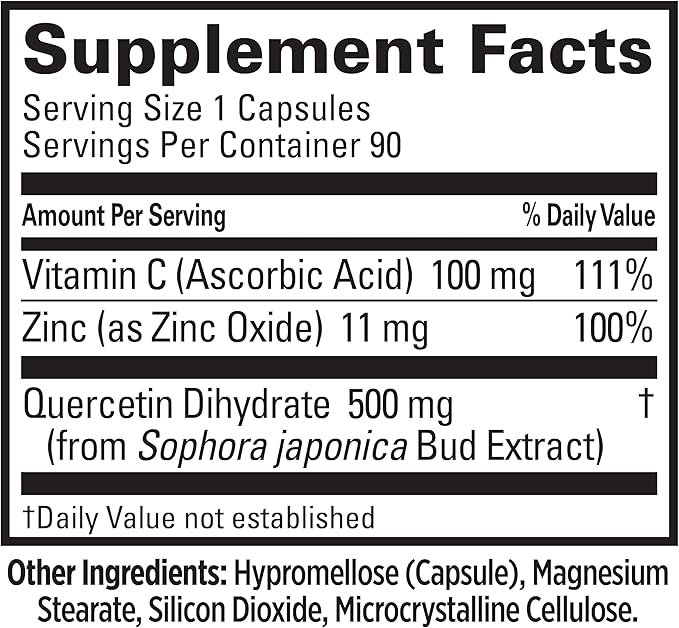 Quantum Health Quercetin+ 500mg Powerful Immune Support Supplement with Zinc 11 mg & Vitamin C 100 mg - Seasonal Immunity Boost, Respiratory Health & Gut Support Complex for Women & Men - 90 Capsules