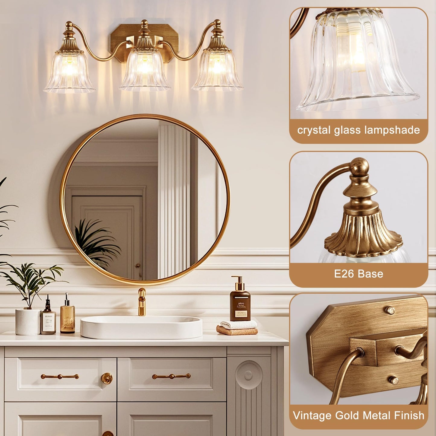 Dvmteom Gold Vintage Bathroom Light Fixtures  3-Lights Bathroom Vanity Light  Antique Brushed Gold Lighting Fixtures Over Mirror With Crystal Glass Shade  Wall Sconce Lighting