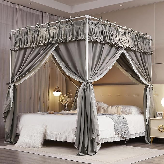 4 Corners Post Princess Ruffle Curtain Bed Canopy Lace Up Elastic Cozy Breathable Tent Mosquito Net for Girls Bedroom Decoration(Grey, 70-78" W*86" L*82" H/King)