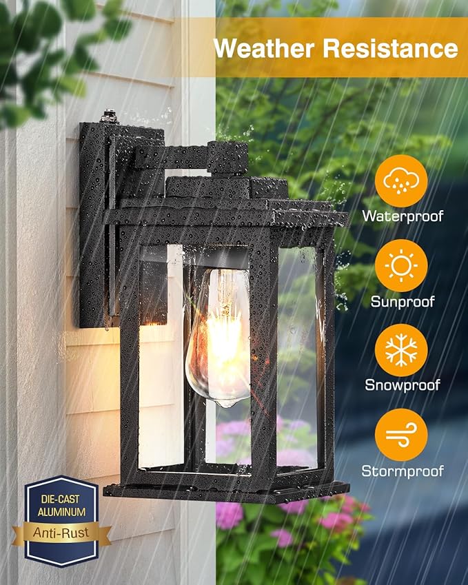 VIANIS Black Dusk to Dawn Outdoor Lights for House, 2 Pack Outdoor Wall Lights, Waterproof Porch Lights, Exterior Lighting Fixtures with Tempered Glass, for Porch, Garage, Doorway,Hardwired, Non-solar