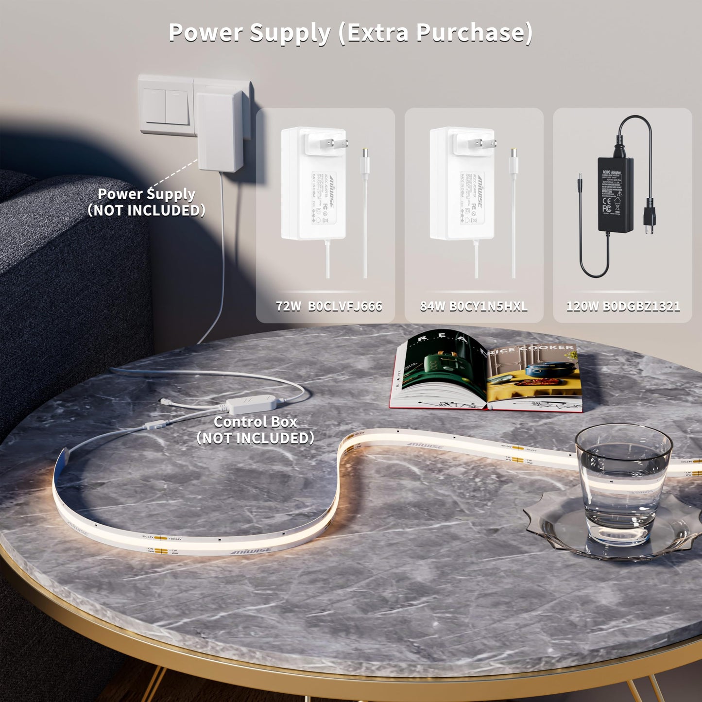 Miwise Cct Cob Led Strip Light Tunable White 20Ft/6.1M Dimmable 2700K-6500K Cri90+ 24V Led Tape Light For Under Cabinet Bedroom Kitchen Diy Lighting(Power Supply & Controller Not Included)