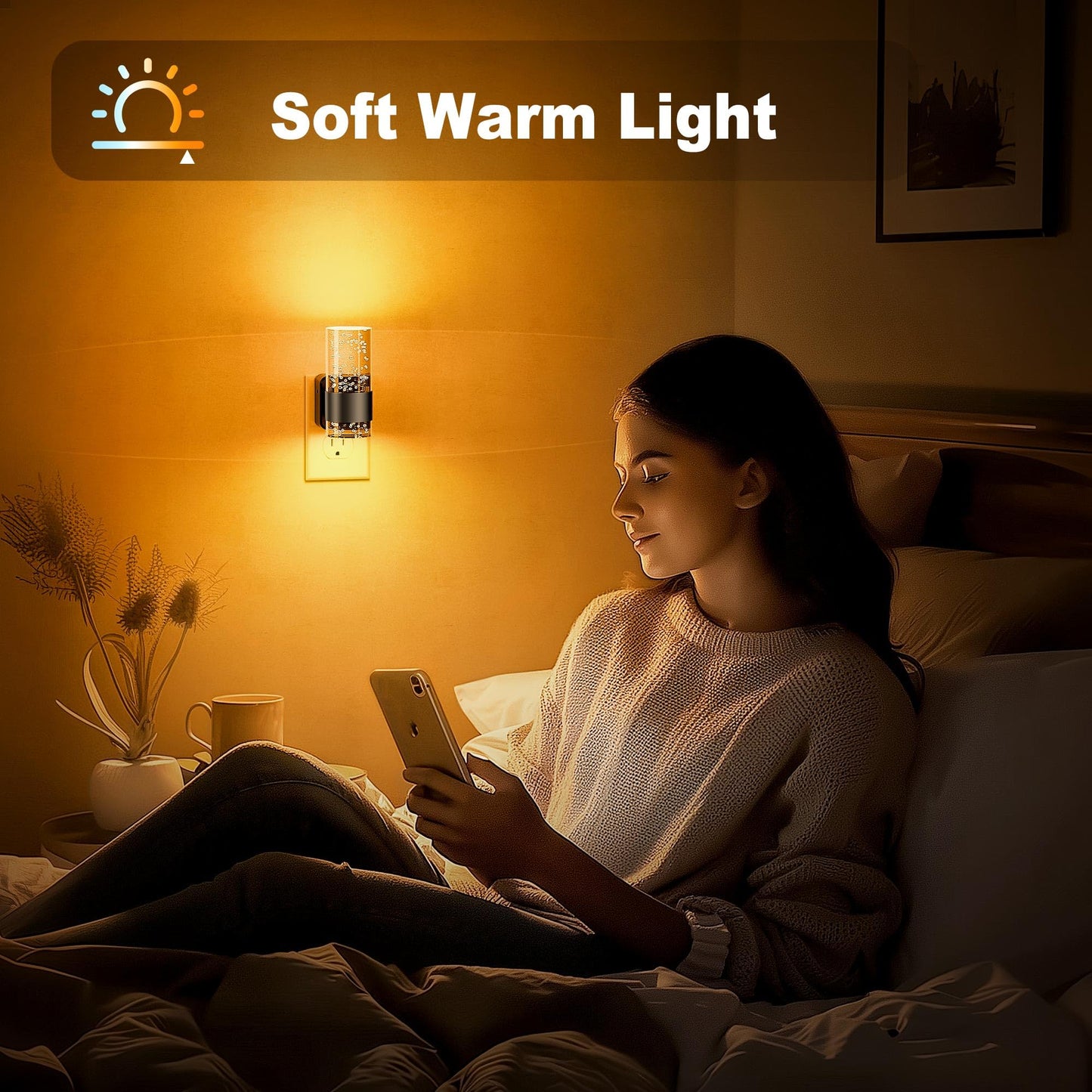 JandCase Dimmable LED Night Light, 2 Pack, Adjustable Brightness, Automatic Sensor, Black-Amber, Model GY197