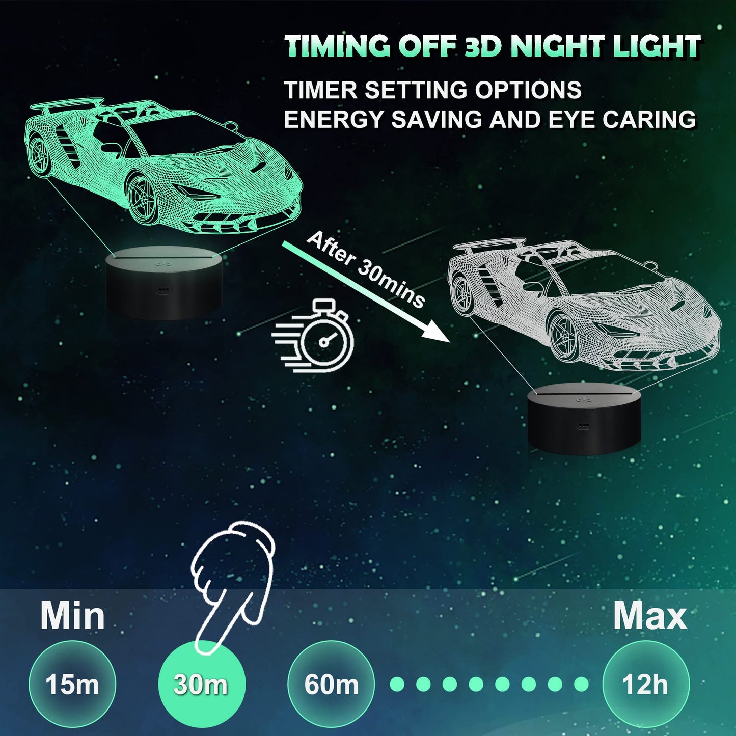 nite 3D Car Lamp with Remote Control, 16 Colors Changing, Holiday Gifts for Kids, Multicolor, Model FS-xxxyyy