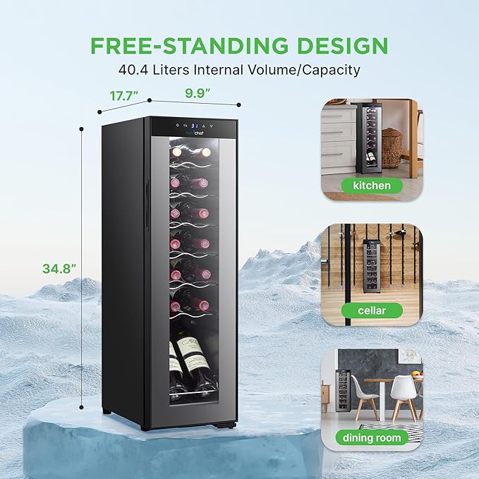 Nutrichef 14 Bottle Wine Fridge | Single Zone Wine Chiller | Adjustable Temp 41°F - 64°F | Ultra Quiet Operation | Wine Cooler for Home & Office | 34x10x17 IN (Black)