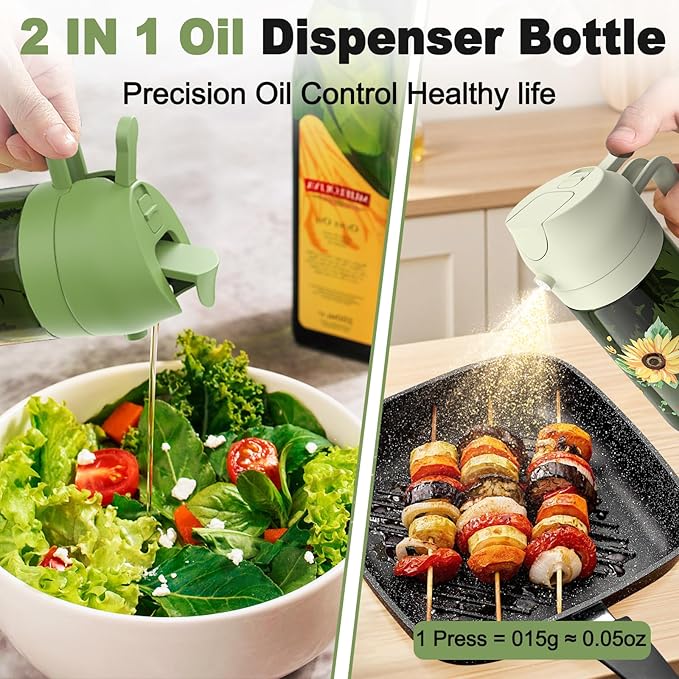 COOLMI Oil Sprayer for Cooking, 2 in 1 Olive Oil Dispenser Bottle Set for Kitchen, Food-Grade Glass Green Oil Vinegar Bottle Container - 16OZ/470ML Set of 2 (Beige + Green)