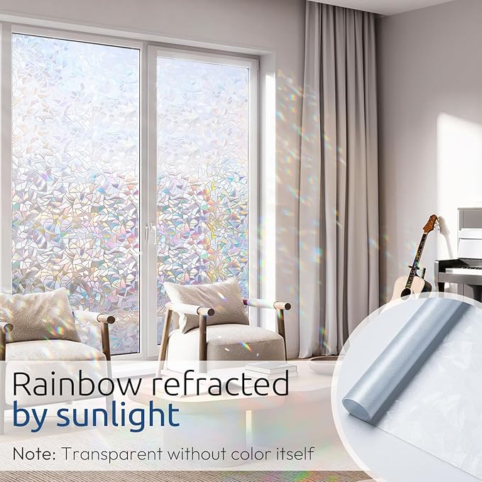 rabbitgoo Window Privacy Film Rainbow Film Decorative Window Sticker, 3D Static Stained Glass Cling Tint for Home Heat Control Non-Adhesive, 35.4 x 118.1 inches