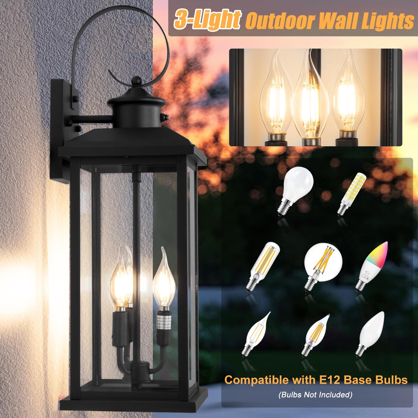 Siafavoi 24 Dusk To Dawn Porch Lights Outdoor 3-Light  Black Modern Large Wall Light Fixture Lantern  Waterproof Exterior Lighting Sconce Wall Mount  Outside Lamp For Farmhouse Doorway Patio E12