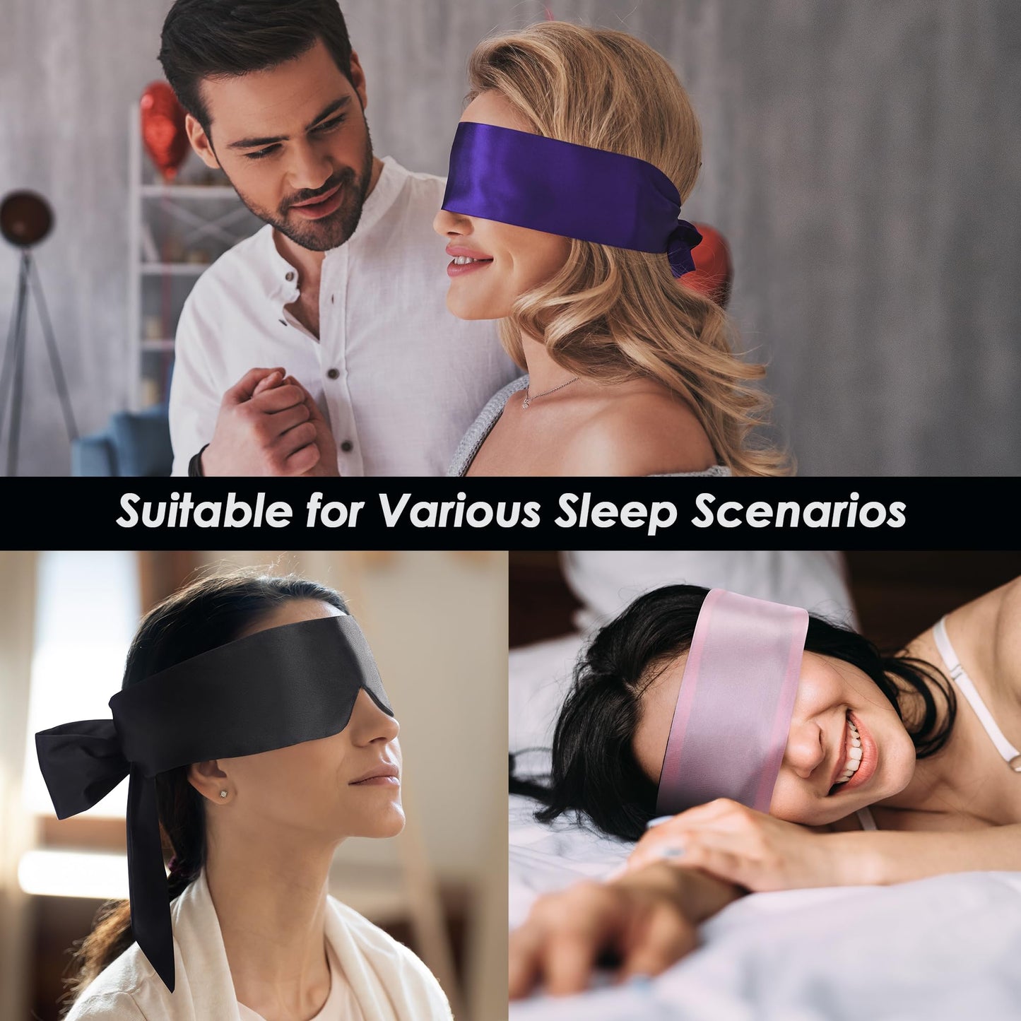 FRESHME 2pc Satin Blindfold Sleep Mask - Valentine's Day Gift Soft Adjustable Blockout Light Silk Eye Sleeping Mask for Couples Bedtime, Double Sides Dark Purple & Black+Black 2pc Set
