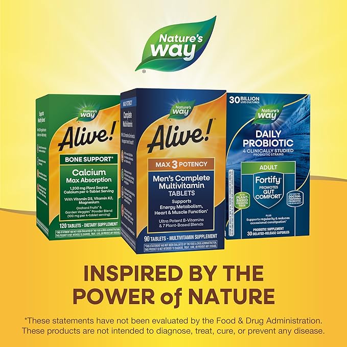 Nature’s Way Alive! Men’s Max3 Potency Multivitamin, Supports Energy Metabolism*, Heart & Muscle Function*, with Methylated B12 and Folate, Gluten-Free, 90 Tablets