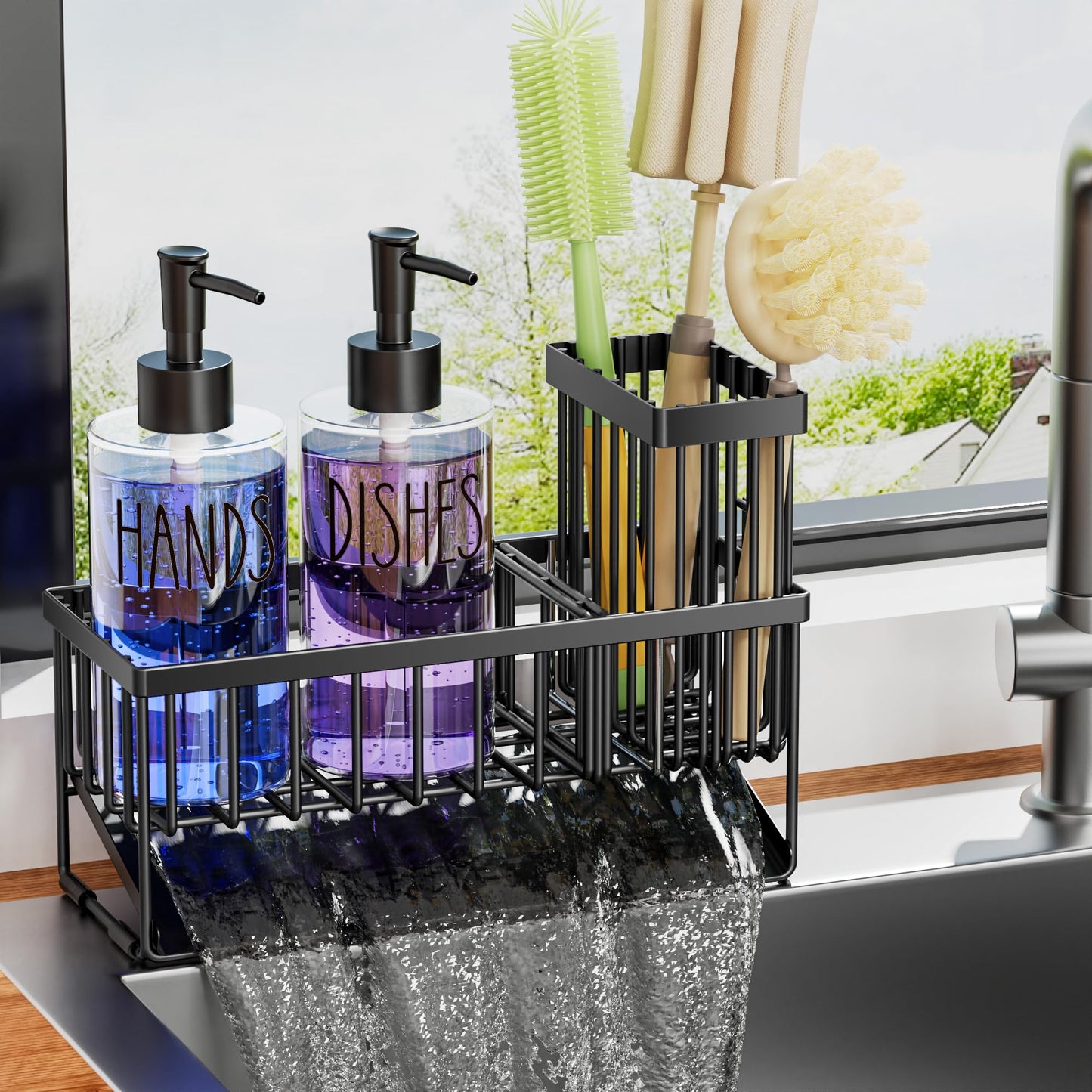 MASADI Kitchen Dish Soap Dispenser Set with Sponge Holder, 12OZ Glass Bottle, Hand and Dish Soap Dispenser Set, Non-Slip Silicone Pad, Brush Holder, Kitchen Sink Organizer Countertop (Black+Clear)