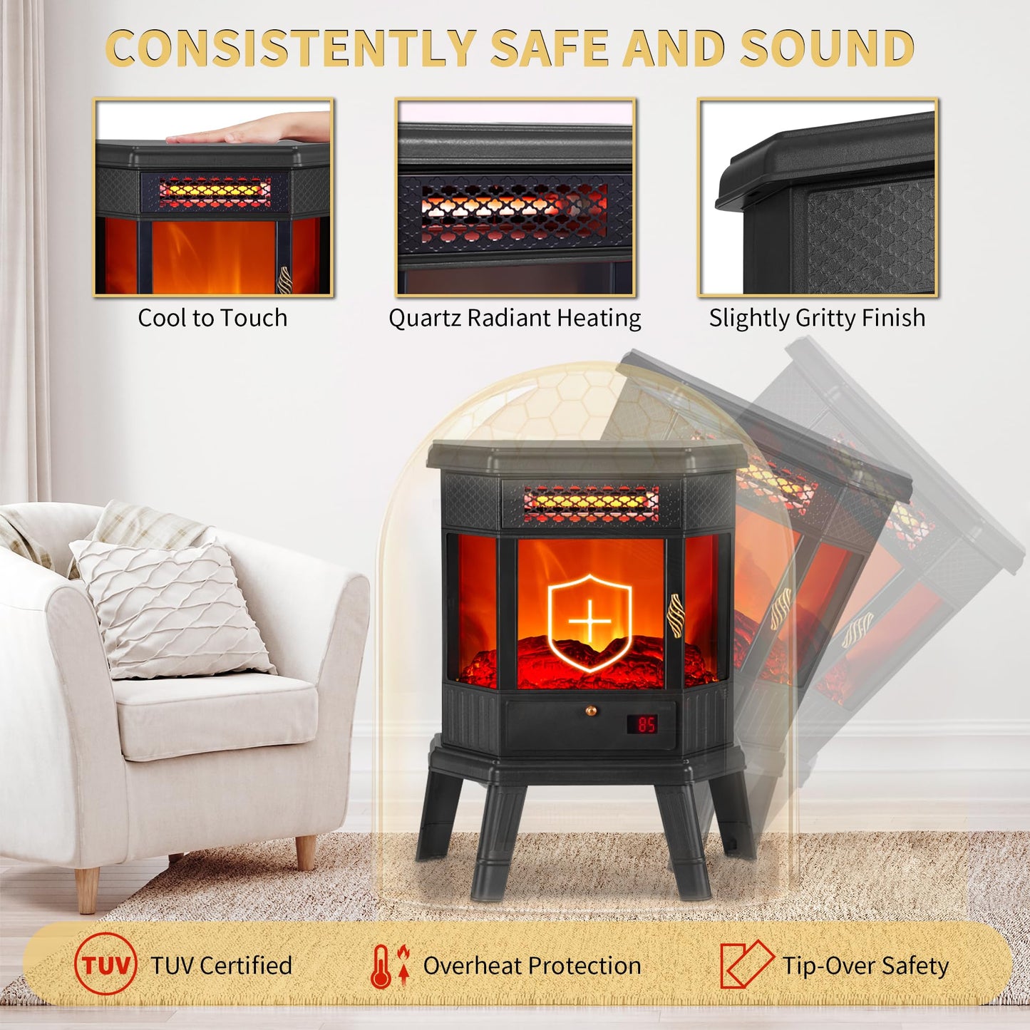 Electric Fireplace Heater 22 In Freestanding Fireplace Stove Infrared Fireplace Realsmart With 3D Flame Effect Remote Control, T