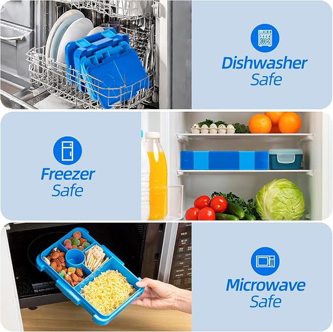 Bento Lunch Box for Kids, 6 Compartments BPA Free, Dishwasher Safe Back to School Snack Bento Lunch Containers Boxes, Ideal Portion Sizes for On-the-Go Meal, Ages 3+, School, Blue