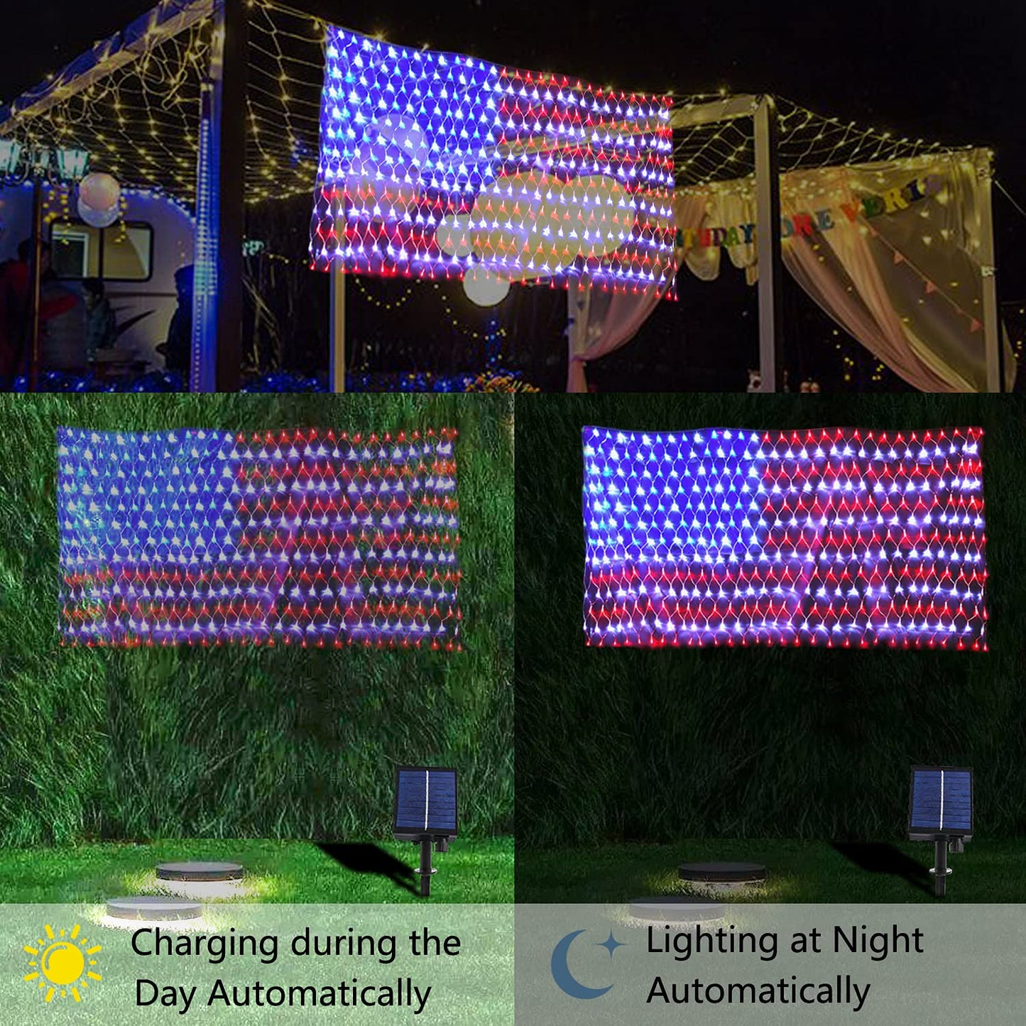 Decute Solar American Flag String Lights, Waterproof 420 LED, Model HLX-038, Solar Powered + Plug In, for Outdoor Holiday Decorations