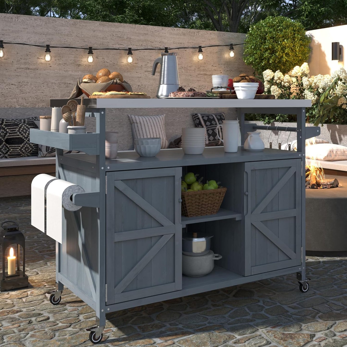 Outdoor Grill Carts for Patio Graden BBQ with Storage Cabinet, Home Rolling Kitchen Island Bar Cart with Stainless Steel Top, Food Prep Table with Shelves, Spice Rack & Towel Holder (Grey Blue)